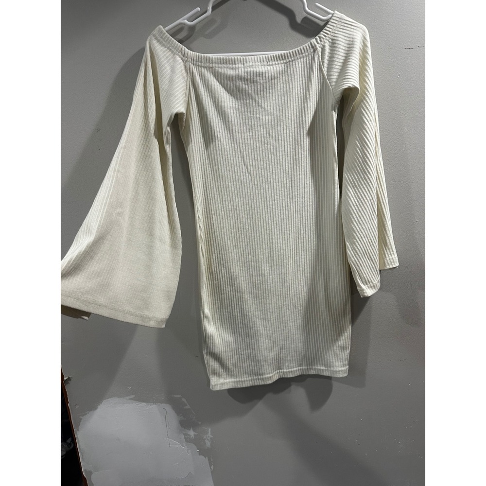 PrettyLittleThing Cream Ribbed Off Shoulder Flare Sleeve Mini Dress US 8 UK 12